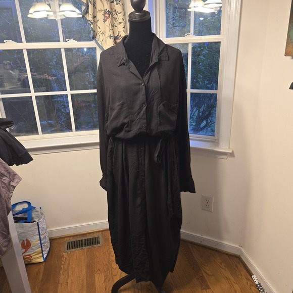 Old Navy 2X Black Dress Shirt Dress Long Sleeve Button Down Tie Waist - Picture 1 of 8
